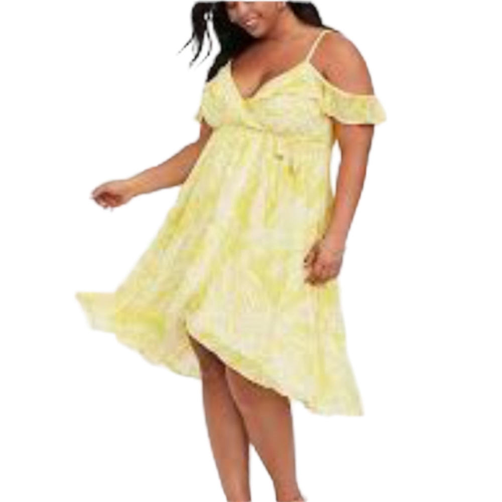 Torrid Yellow Leaf cold shoulder faux wrap dress